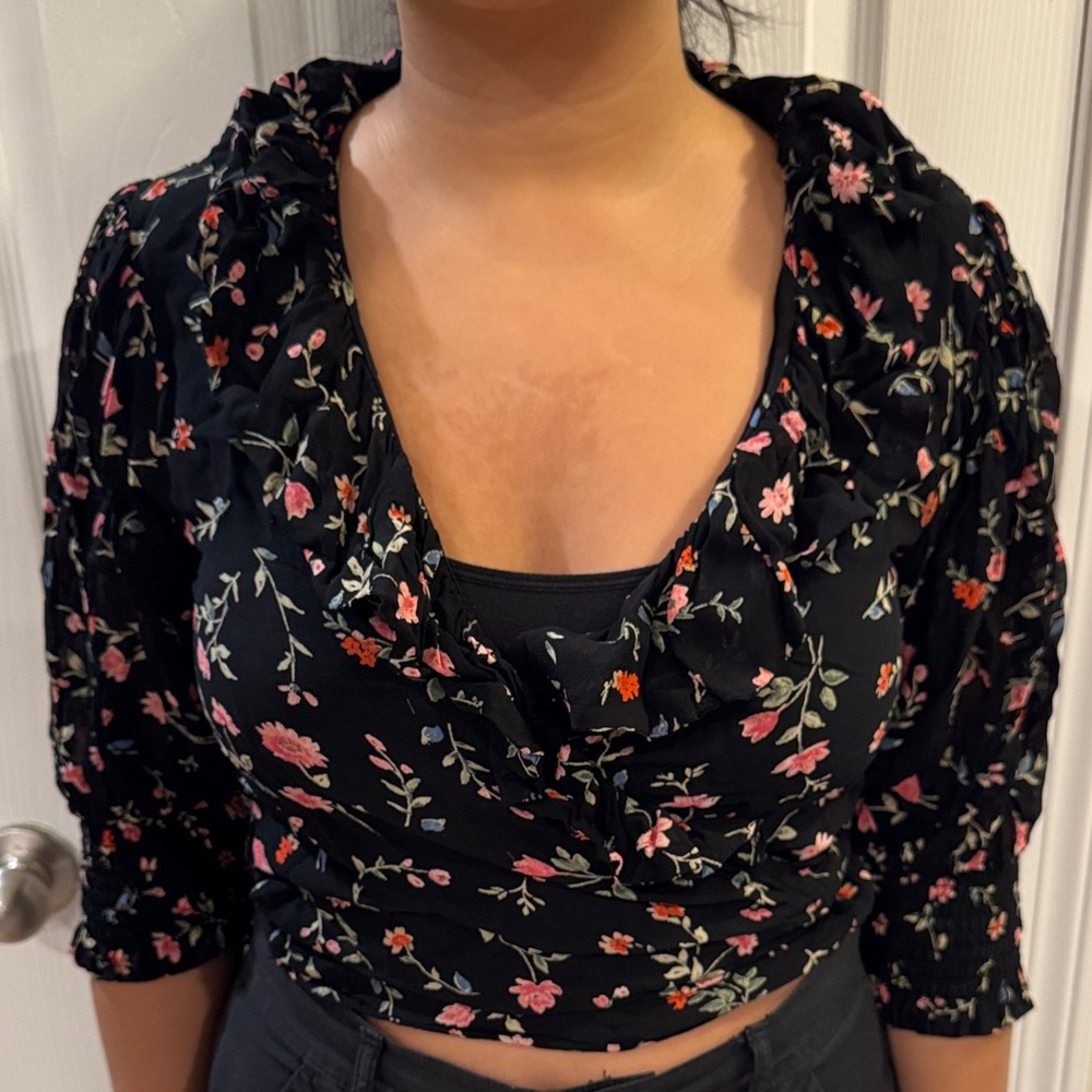 Ganni Black Floral Crop Wrap Top